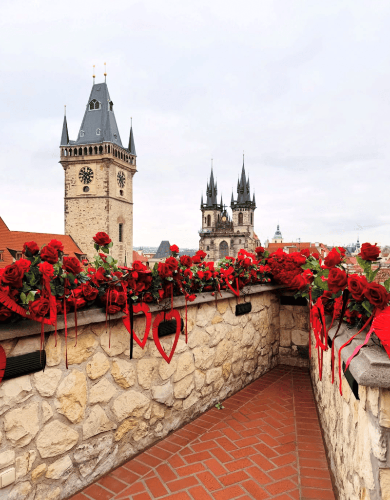 Valentine's Day in Prague 2026 at Terasa U Prince – romantic terrace decorated with roses and red hearts overlooking Prague